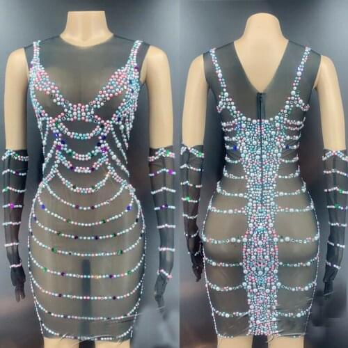 Black Sexy Translucent Dress Mesh Pearl Elastic Short Dress Rhinestone Dress Gloves Stage Dance Costume Rave Clothes XS2606