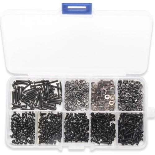 Black Round 600PCS M2*4/5/6/8/10/12 Hexagon Screw Bolt Nut Flat Pad Washers Spring Box Kit With Box