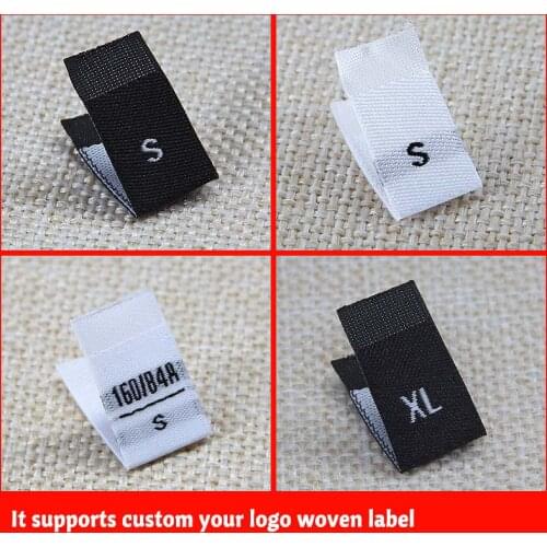 100pcs a lot Care Size labels XS-3XL woven black/white size label Custom Your Brand LOGO Clothes Tags