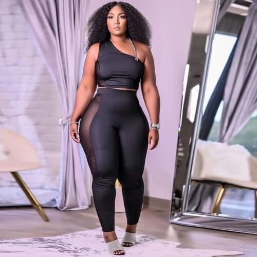 Activewear Sheer Mesh Patchwork Two Piece Set Women Sexy One Shoulder Sleeveless Crop Top+see Throught Pencil Legging Outfits