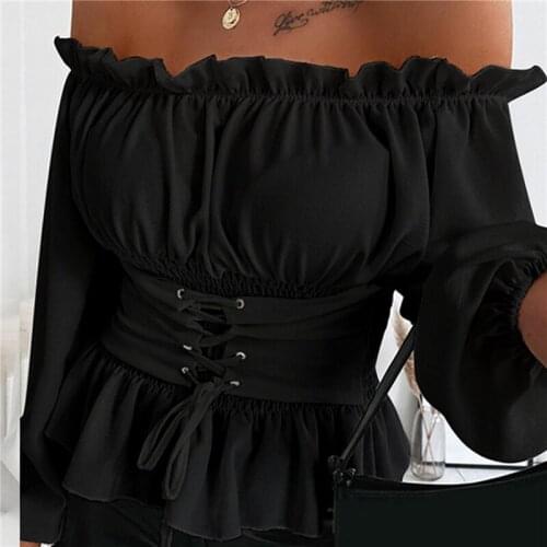 Summer Off Shoulder Ruffle Women Tops Blouses Casual Long Sleeve Off Shoulder Lace Up Blouse Ladies Top Clothing
