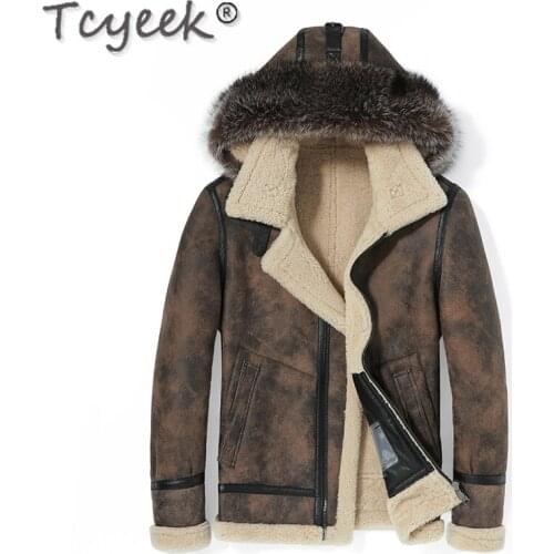 Fur Natural Coat Men Vintage Sheep Shearling Jacket Hooded Mens Clothing Raccoon Dog Fur Collar Veste Homme 55255