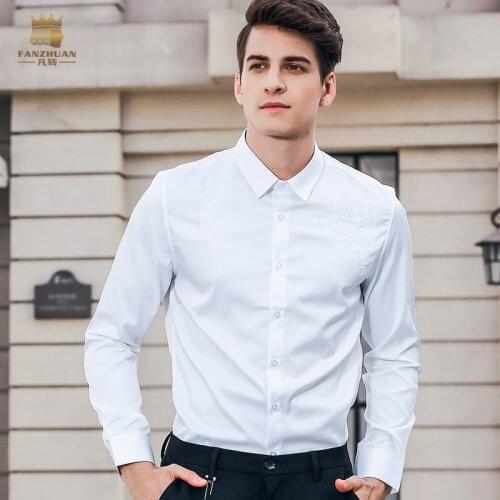 FANZHUAN Mens male Shirt man White Fashion Clothing Groom Wedding Banquet Dress Embroidered Long Sleeve white Shirt 822037