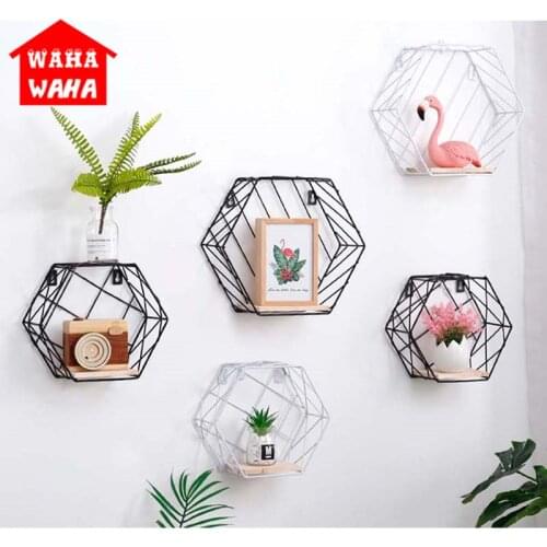 Nordic Wall Decoration Storage Shelf Metal Iron Sundries Storage Rack Hexagonal Iron Art Grid Hanging Wall Decor Flower Holder