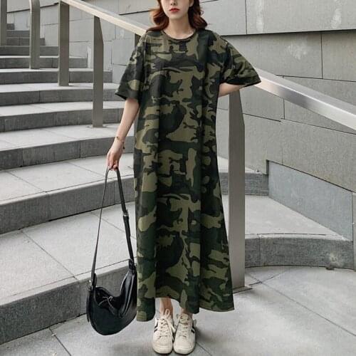 Summer 2021 New Large Size Camouflage Loose T-Shirt Dress Over The Knee Casual Long Dress Vintage Baggy Women Streetwear zh1565
