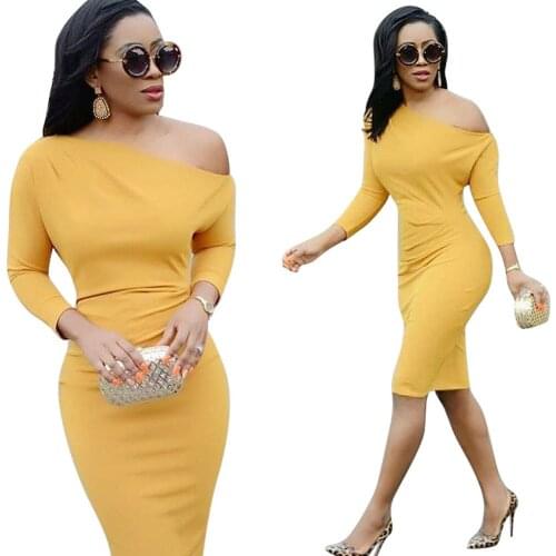 Autumn Women Yellow Dress Long Sleeve Slim Slash Neck Hip Bodycon Solid Color Knee Length Pencil Dress African Clothing 2020