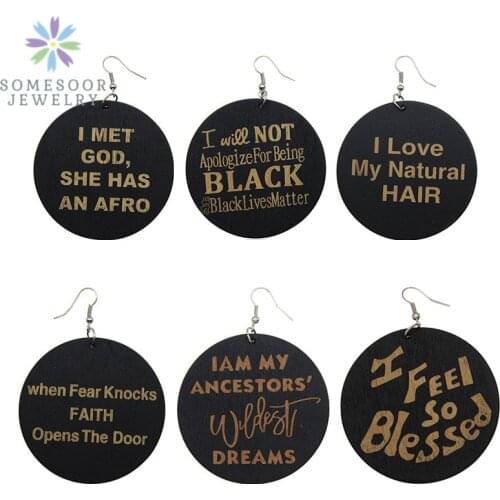 SOMESOOR Africann Natural Wood Drop Earrings Carved Black Lives Matters God Afrocentric Ethnic Jewelry For Women Gift Mix 6Pair