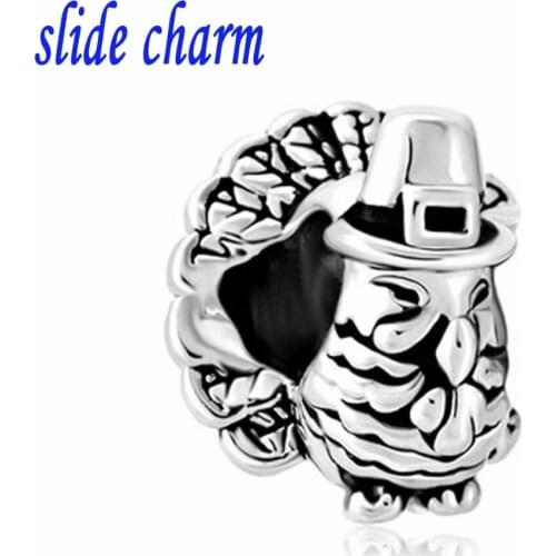 Slide charm Free shipping Black and white peacock children gift DIY charm beads fit Pandora charm bracelets