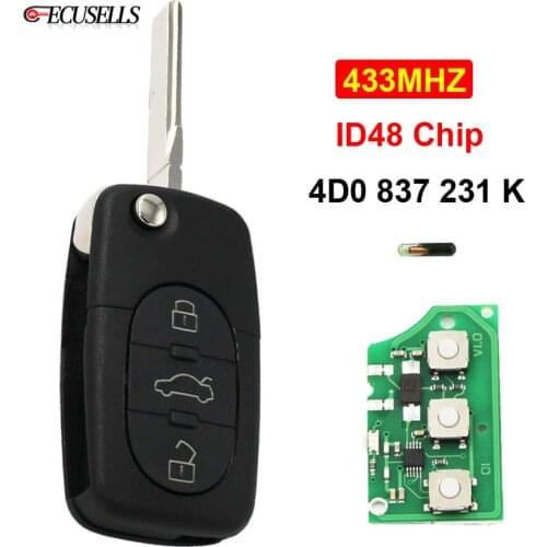 3 Button Folding Flip Remote Car Key 433MHZ ID48 Chip 4D0 837 231 K 4D0837231K HU66 Uncut Blade for Audi A6 S6 RS6 A8 TT