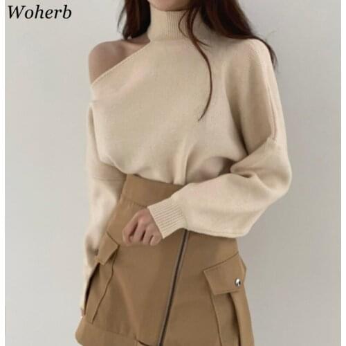 Woherb Temperament Off One Shoulder Sweaters Women Korean Knitted Halter Pullovers Sexy Chic Elegant Jumper Tops Female Sweater