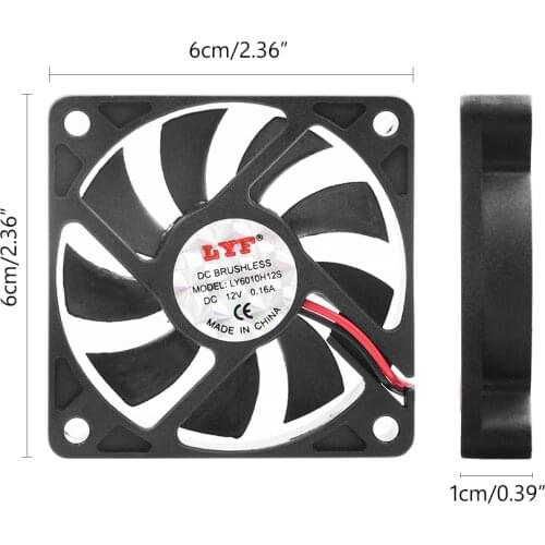 2PCS Computer Fan 12V 2-Pin 60x60x10mm 60mm 6cm PC Computer CPU System Sleeve-Bearing Cooling Fan 6010 Black