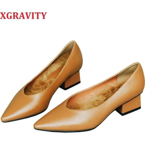 XGRAVITY 2020 Pop Star Pointed Toe Girl Chunky Heel Woman Shoes V Design Warm Winter Shoes Elegant Fur Insole Lady Shoes A248