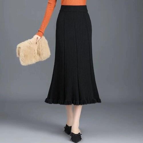 Pleated Knitted Skirt Women 2021 Autumn Winter Korean Fashion 90s Wild Mid Length High Waist Falda Vintage Harajuku Black Skirts