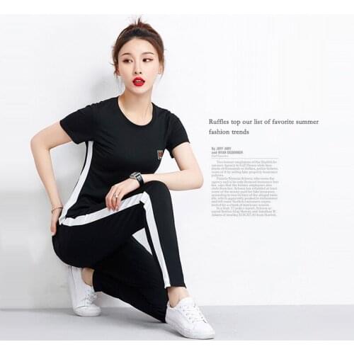Summer womens brand cotton fabric sportswear cotton suit womens track and field suit with T-shirt and pants size M- XXXL