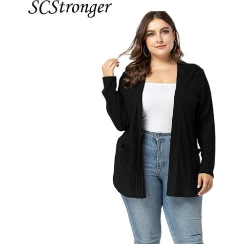 SCSTRONGER Autumn And Winter Womens Plus Size Black Sweater Polyester Cardigan V Neck Loose Jacket Roupas Femininas 2021