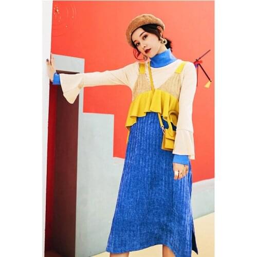 2019 Spring Casual Knitting Sets Women Ruffles Dress and Sweater Autumn Fashion Contrast Color Runway Dress 2 Pieces Robe f1107