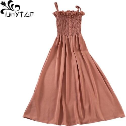 UHYTGF Woman dresses fashion suspenders off shoulder sexy dress Korean high waist summer dress vintage elegant long dresses 911