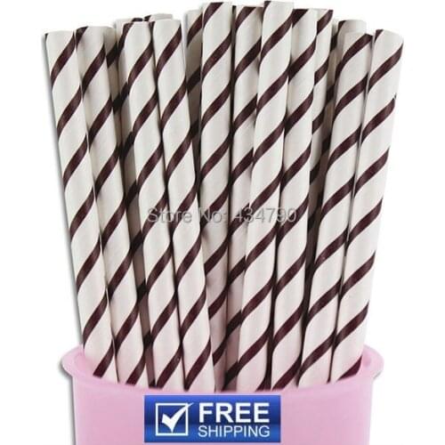 200pcs Dark Brown Thin Stripe Print Paper Drinking Straws Party Suppliers,Wedding Party Shower Reception Celebrations