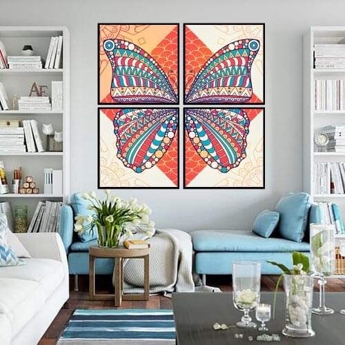 4PCS Set The Beauty Butterfly Abstract Pattern with Mandalas Square Sizes Wall Art Decor No Frame Poster Oil Painting Decoration