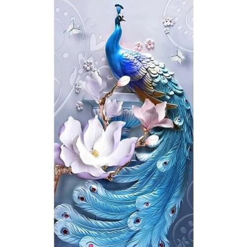 5D DIY Diamond Paintings Full Round Drill Blue Peacock Cross Stitch Mosaic Animals Kits Embroidery Wall Stickers Decoration Home