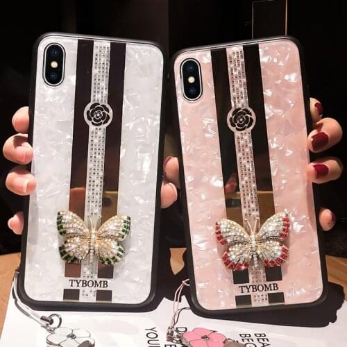 Luxury Mirror 3D butterfly diamond glass hard Phone Case For iPhone X XR XS MAX 6S 7 8 plus sexy cute cover flower lanyard