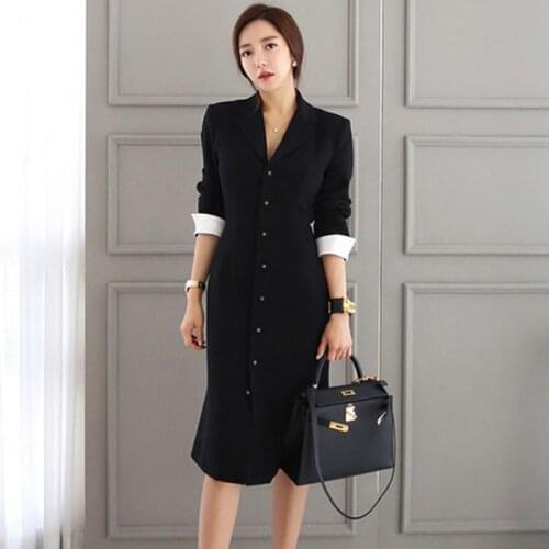 Black Midi Party Dress 2021 Spring Women Elegant Single Breasted Long Sleeve V Neck Blazer Dress OL Work Wear Office Lady Dress
