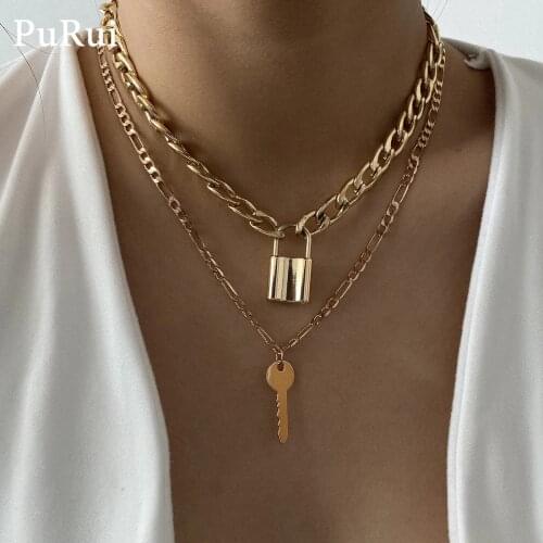 PuRui Cuban Link Chain Choker Necklace Punk Multilayer Padlock Key Long Pendant Necklace for Women Gold Color Collar Jewlery