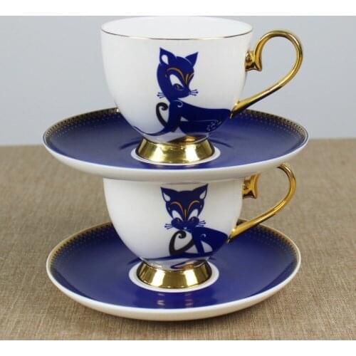 Elegant Blue Fox Ceramic Gilded Coffee Mug with Tray Afternoon Tea Cup Suit Birthday Present Wedding Gift DEC373