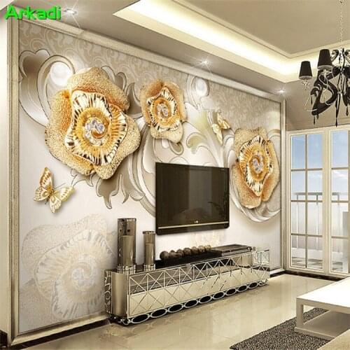 TV background wall 3D exquisite European golden rose butterfly decoration fashion photo mural jewelry