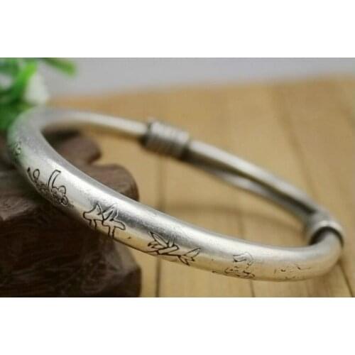 Chinese Antique carved Miao silver bracelet Merlin, bamboo and chrysanthemum