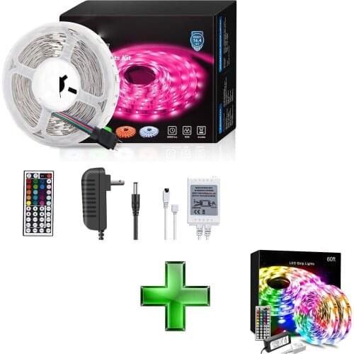 60ft and 16.4ft Led Strip Lights Flexible Color Changing RGB Led Light Strip with IR Remote Controller and 12V Power Supply