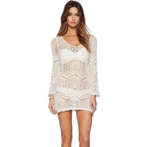 Summer Women Lace Beach Dress Long Sleeve Tunic Beach Mini Dresses Women Coverup Swimwears White Chic Beachwear Bathing Sundress