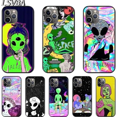 Cute Cartoon Alien For Apple iPhone 12 11 XS Pro Max Mini XR X 8 7 6 6S Plus 5 SE 2020 Black Silicone Cover Phone Cross