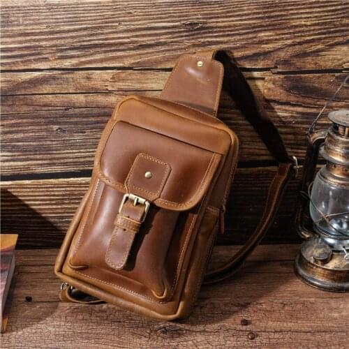 Men Cowhide Leather Chest Bag Crossbody Bag Casual Men Shoulder Bags High Quality Crazy Horse Chest Pack Genuine Leather Bag