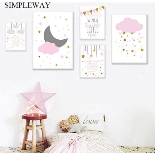 Pink Moon Star Cloud Canvas Child Poster Baby Girl Nursery Wall Art Print Cartoon Simple Painting Nordic Kids Decoration Picture