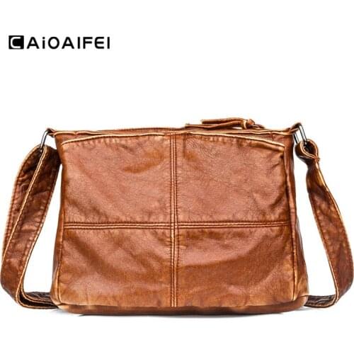 CAIOAIFEI new retro soft washed leather women handbags many pocket winter crossbody bags for women purses hotsale shoulder bags