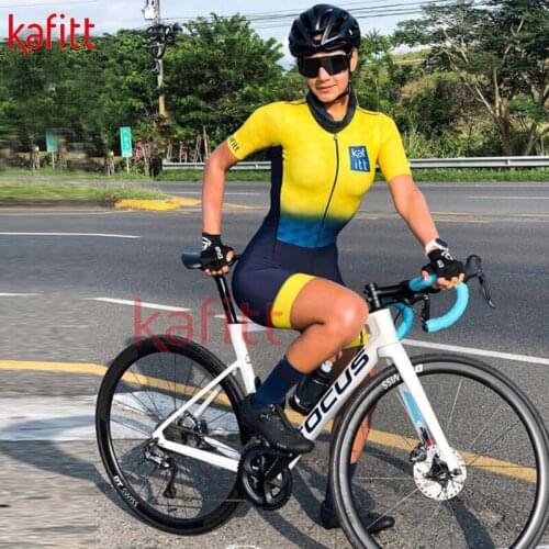 KAFITT New Womens Short-sleeved Professional Team Triathlon Suit Cycling Jersey Tights Jumpsuit Maillot Ropa yellow Team Jersey