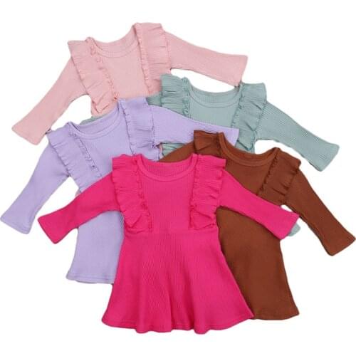 2-6 Years Fashion Infant Kids Baby Girls Long Sleeve Ribbed Dress Casual Wild Lace Round Neck Knitted Dress Solid 5 Colors