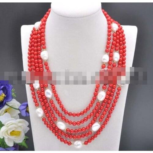 Hot selling free shipping*******5Row 17- 21" Red Round Coral White Baroque Pearl Necklace