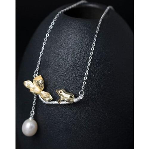Silver 925 Necklaces Female Personality National Wind Natural Freshwater Pearl Lotus Leaf Frog Necklace Collarb2018