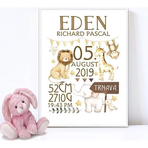 Personalized Baby Birth Custom Poster Nursery Art Print Animal Canvas Painting Wall Picture Nordic Kid Boy Bedroom Decoration