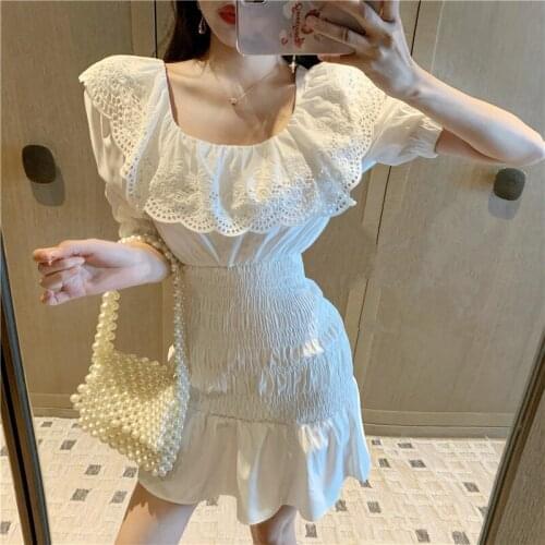 Summer Clothes For Women Dress French Elegant Lace Square Neck Halter Vestidos Lace-up Bow Ruffled Slim Sexy Vestido be mujer