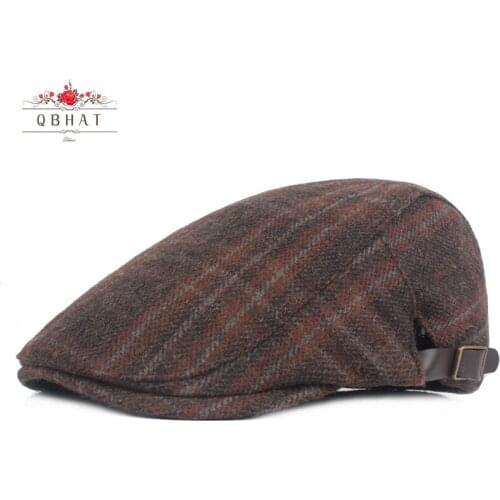 QBHAT Autumn Winter Wool Felt Adult Adjustable Ivy Cap Newsboy Cap Men Warm Berets Plaid Male Driving Flat Cabbie Caps