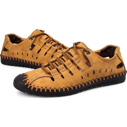 Brand Mens Sandals Summer Genuine Breathable Genuine Leather Roman Handmade Fashion Casual Beach Outdoor Trekking Size 38-48