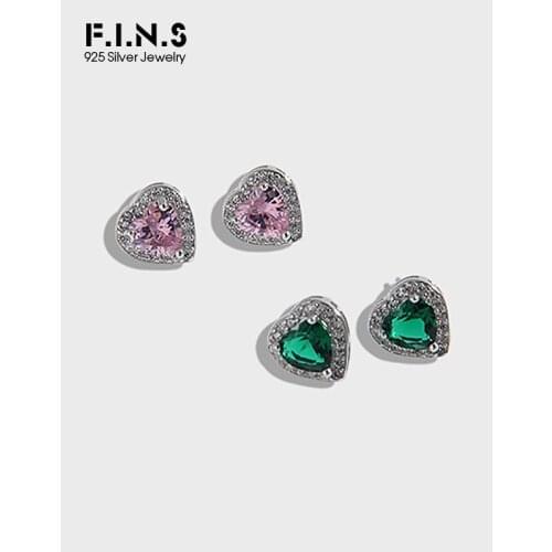 F.I.N.S 100% S925 Sterling Silver Love Heart Stud Earrings Korean Flashing Zirconia Earrings Luxury Wedding Fine Earring Jewelry