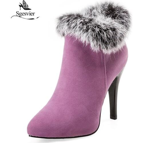 Sgesvier Sexy Women Boots Winter High Heel Ankle Boots Shoes Women Fall Ladies Short Boots Snow Fur Zip White Red Big Size OX576