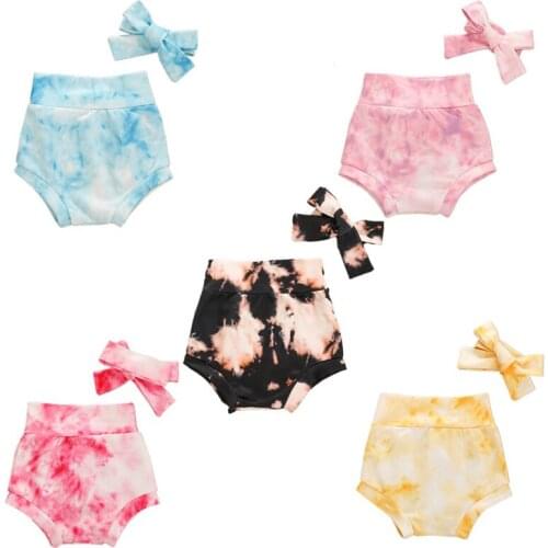New Fashion 0-18M Newborn Infant Baby Girl Tie-Dye Printed Shorts Soft Comfortable Pants and Bowknot Headwear Set
