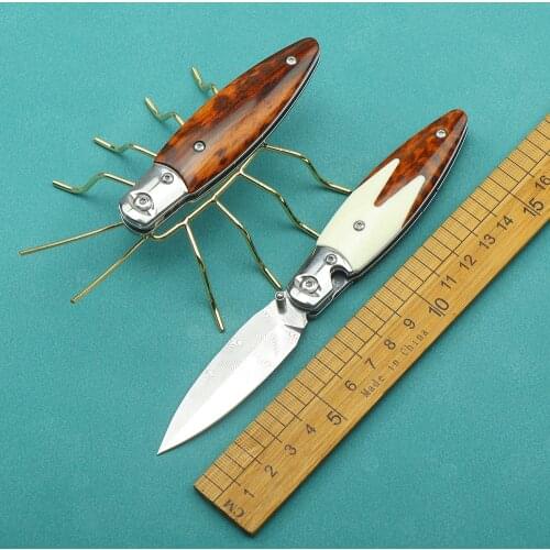 Damascus Steel Folding Pocket Knife Cow Bone Handle EDC Tactical Collection Knife Outdoor Mini Portable Keychain Fruit Knife