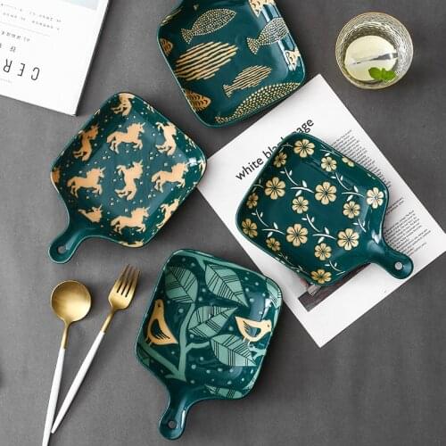4 colour 22*15cm Nordic Ins Baking Plate with Handle Ceramic Dish Rice Plate Snack Bread Dessert Tray Photography Tools