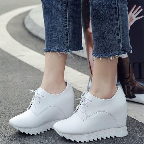 Platform Pumps Shoes Women Lace Up Genuine Leather Wedges High Heel Ankle Boots Female Round Toe Fashion Sneakers Casual Shoes